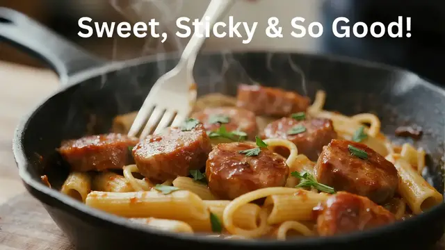 'Video thumbnail for Sticky Honey Garlic Sausage Pasta Skillet: A One-Pan Flavor Explosion'