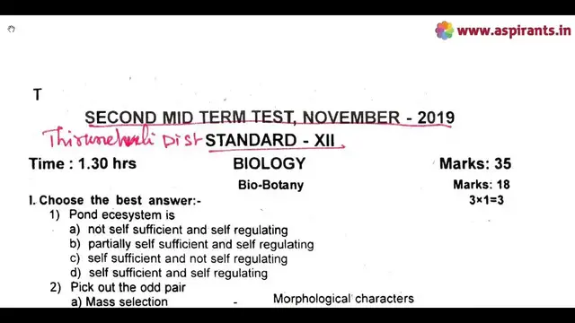 Video thumbnail for 12th Biology 2nd MidTerm Question Paper 2019-20 | Tirunelveli District | English Medium