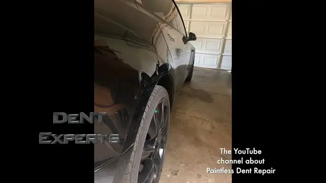 Video thumbnail for Tesla 3 dent repair on black quarter panel without repainting or refinishing. Paintless dent repair.