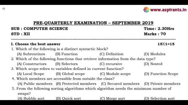 Video thumbnail for 12th Computer Science Quarterly Exam Model Question Paper 2019-20 | Thiruvannamalai District | EM