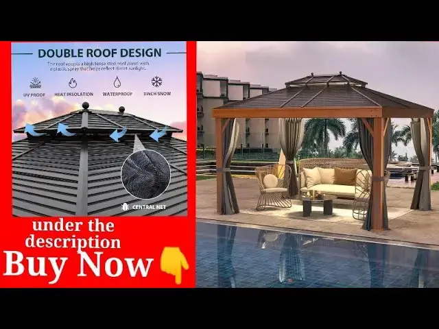 Video thumbnail for Wooden Finish Coated Aluminum Frame Gazebo with Galvanized Steel Double Roof Metal with Curtains