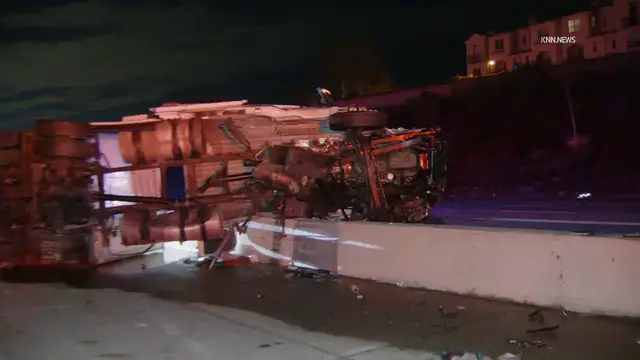 Video thumbnail for US, Los Angeles: Claremont Overturn Semi Tractor Trailer on Center Divider on 210 Fwy.