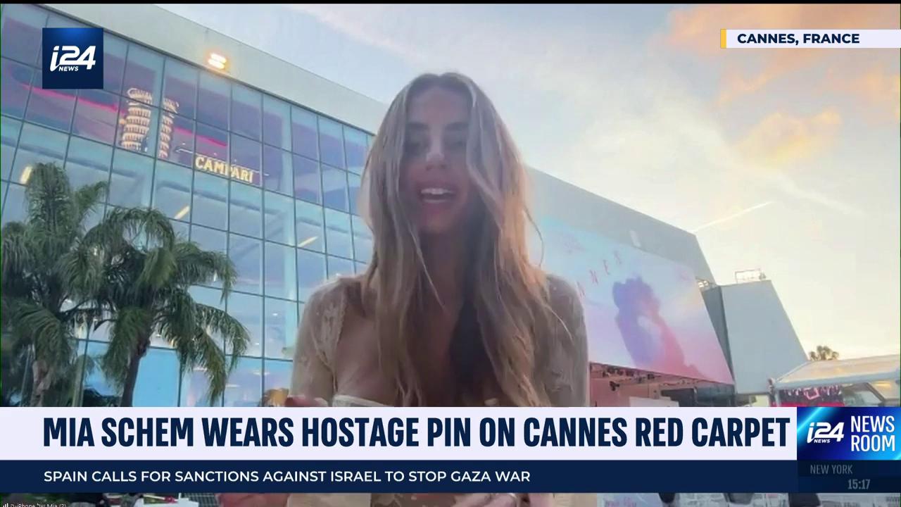 Video thumbnail for Mia Schem wears hostage pin on Cannes red carpet