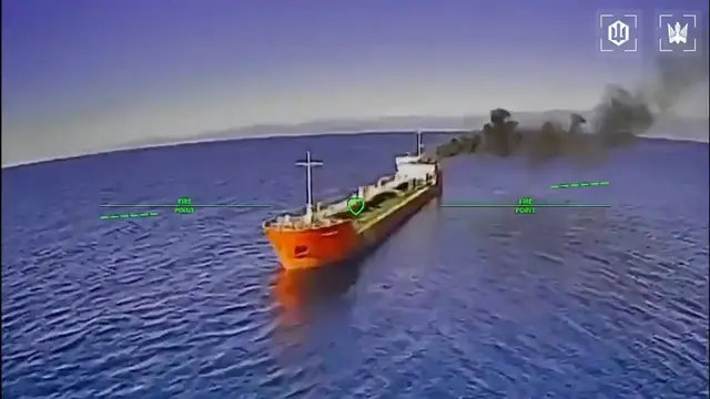 Video thumbnail for Ukrainian drone evades Russian helicopter fire to strike oil tanker