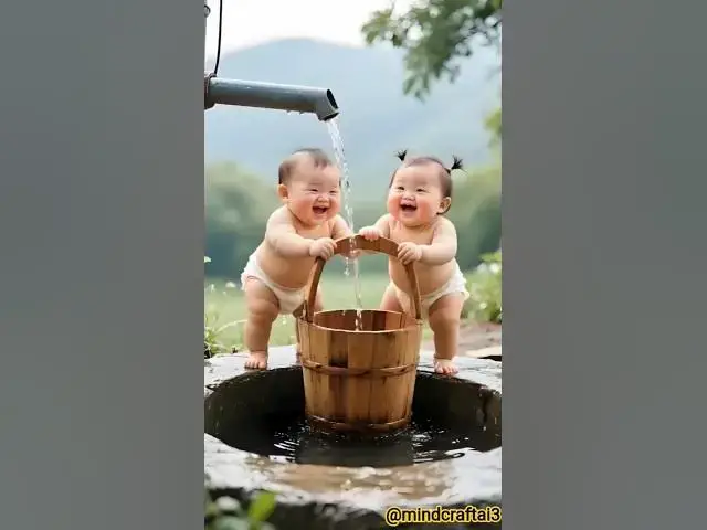 Video thumbnail for Cute Toddlers Filling Water from well and Enjoying the Moment | Funny Ai Animations #cutebaby #cute