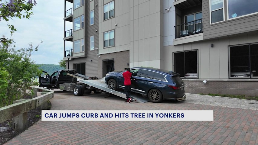 Video thumbnail for Runaway car slams into tree in Yonkers after jumping curb in Getty Square
