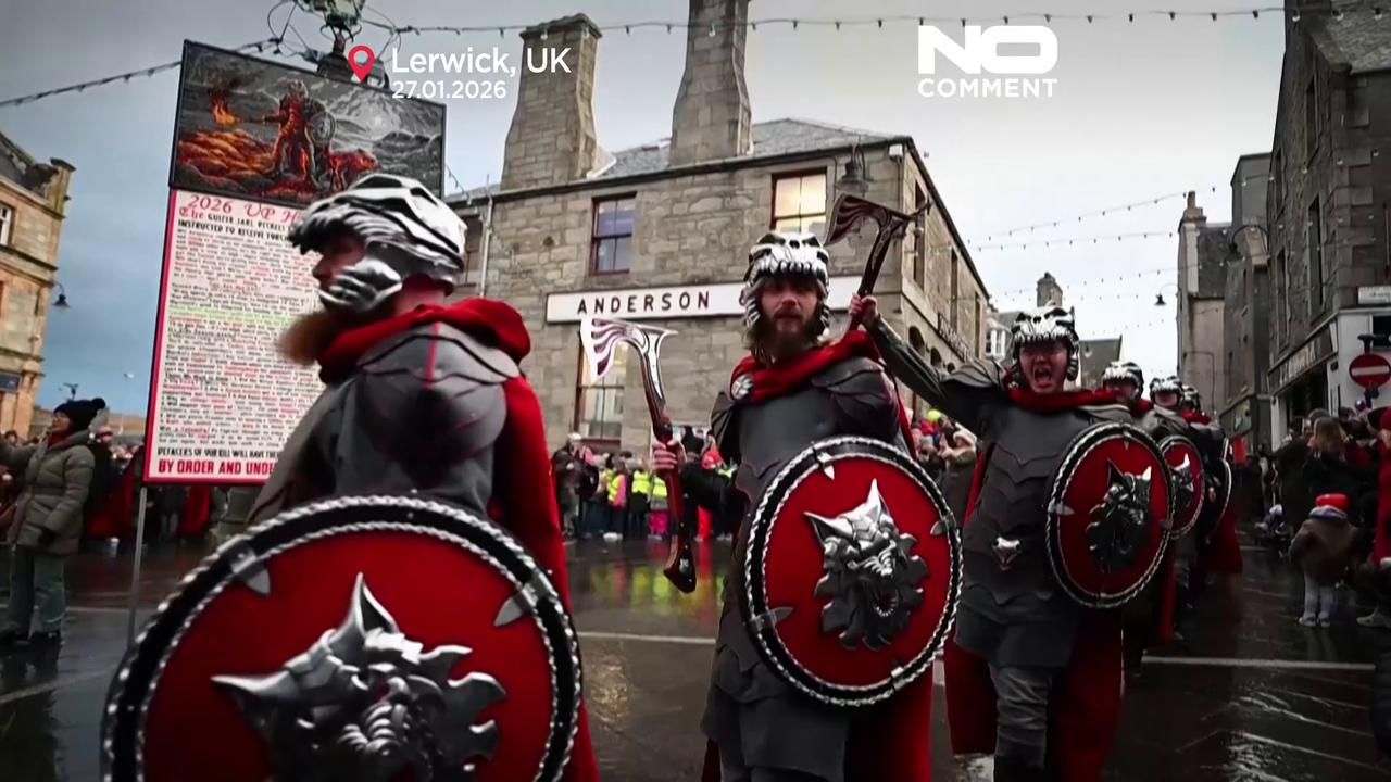 Video thumbnail for Scottish vikings march through the streets for Up Helly Aa festivities