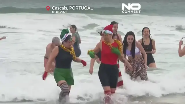Video thumbnail for Swimmers brave traditional New Year’s sea dip at Carcavelos beach near Lisbon