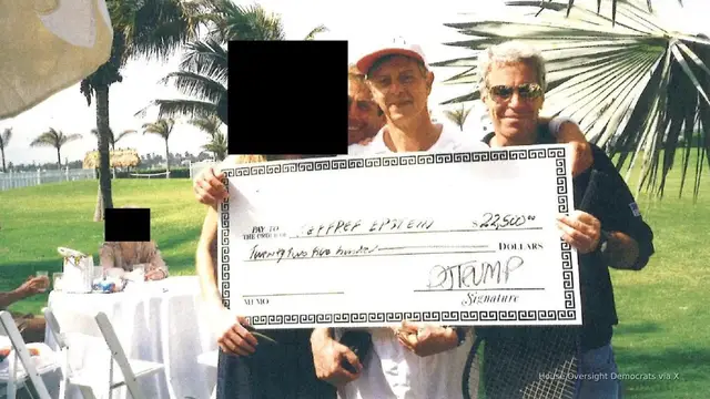 'Video thumbnail for Trump signature on Epstein check disputed in latest document dump'