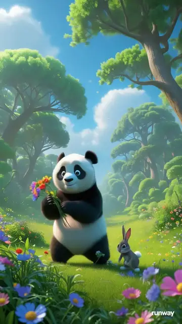 'Video thumbnail for Gen-4 Turbo Mi-Mi the Panda is happily picking flowers in a sunny meadow while Rabbit joyfully hops nearby 252716034'