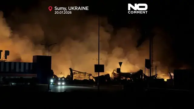 Video thumbnail for Drone strike sparks major fire in Sumy, northeastern Ukraine