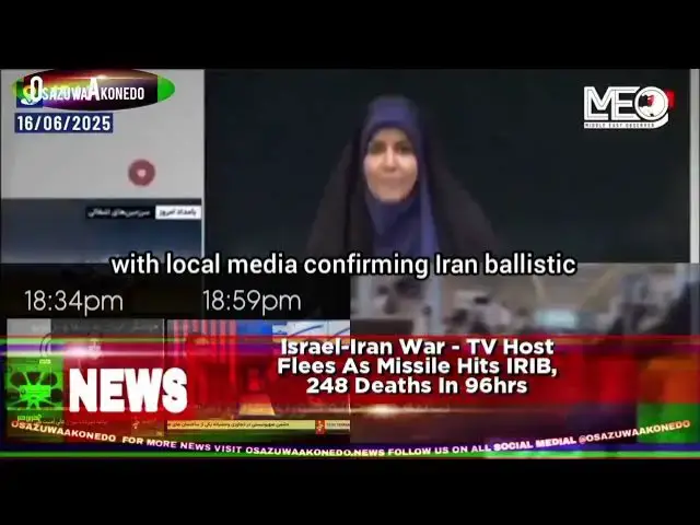 Video thumbnail for Israel-Iran War - TV Host Flees As Missile Hits IRIB, 248 Deaths In 96hrs