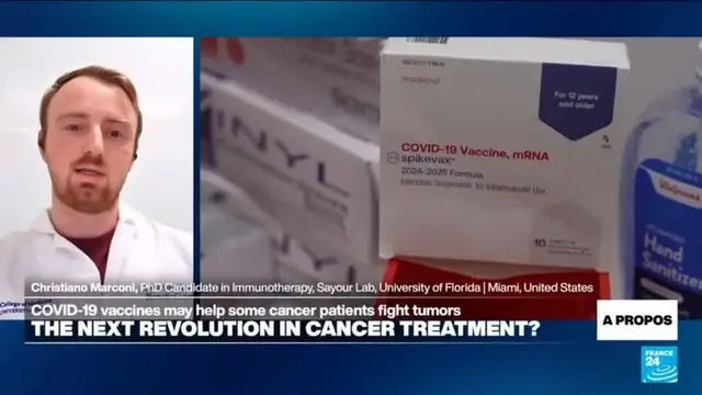 'Video thumbnail for mRNA Covid vaccines may help some cancer patients fight tumors'