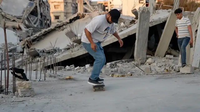 'Video thumbnail for Palestinians reclaim joy by using Gaza rubble as makeshift skatepark'