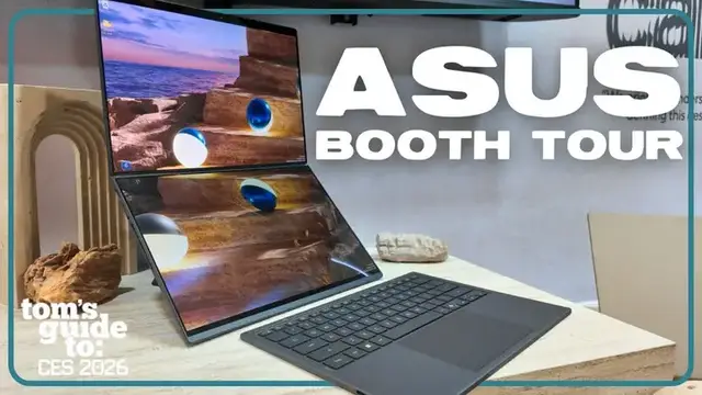 Video thumbnail for Asus CES 2026 Booth Tour | Ultralight Laptops, Dual Screens and More!