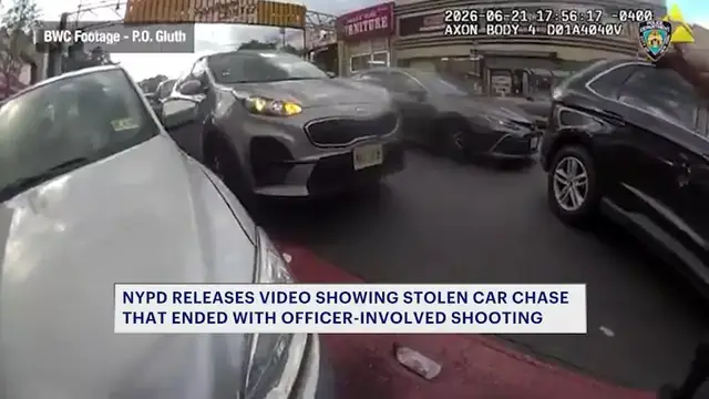 Video thumbnail for Caught on camera: Bodycam video shows moments before NYPD officer opens fire towards stolen vehicle