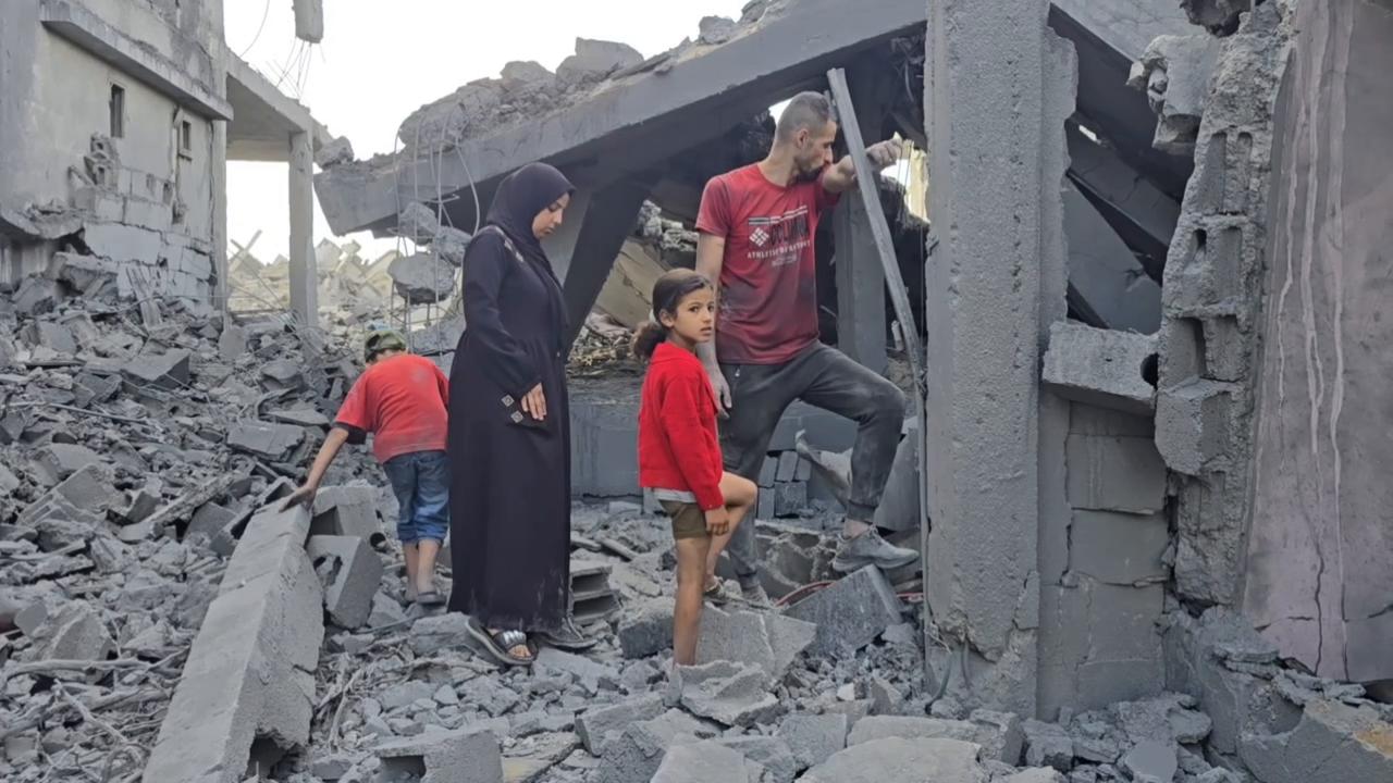 Video thumbnail for Israeli airstrikes level residential area in central Gaza's Maghazi refugee camp.