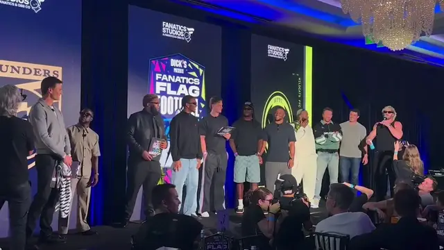 Video thumbnail for Tom Brady, Logan Paul exchange jabs in room full of NFL stars ahead of Fanatics Flag Football Classic