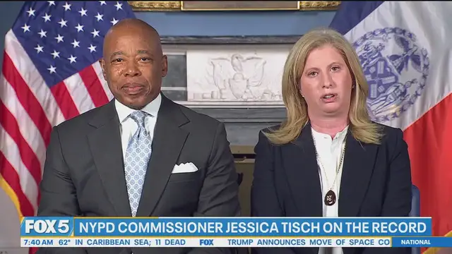 'Video thumbnail for Adams, Tisch defend NYPD strategy as Trump threatens federal intervention: FULL INTERVIEW'