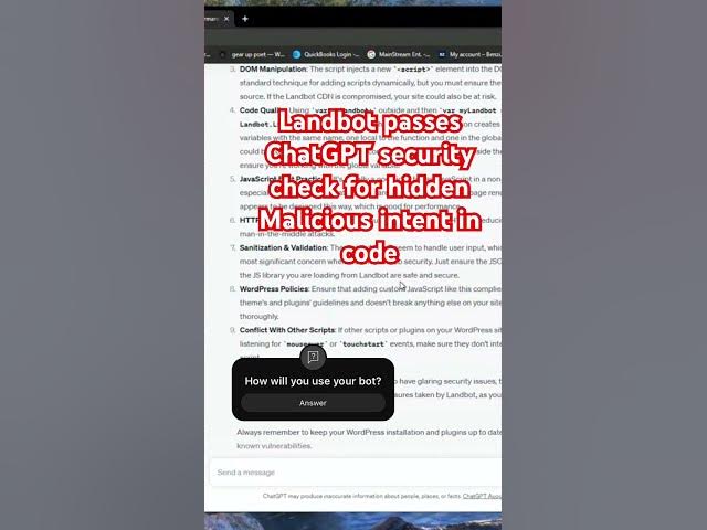 Video thumbnail for Chatgpt checks my new chatbot code for malicious intent. #botbuilder  #nocode  #yesyoucan