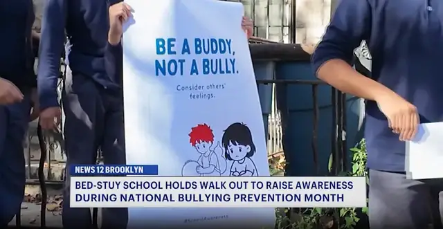 Video thumbnail for Bed-Stuy students take a stand against bullying during National Bullying Prevention Month walkout