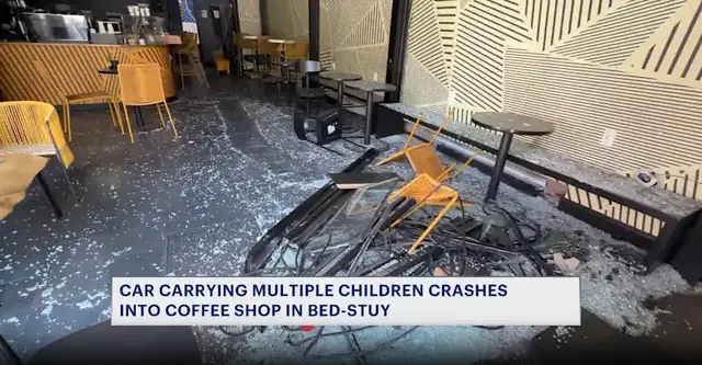 Video thumbnail for Car carrying multiple children crashes into Bed-Stuy coffee shop