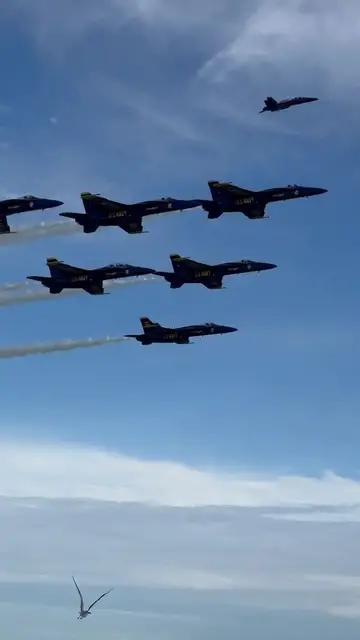 Video thumbnail for Blue Angels Jet Formation Roars over Crowded Beach Pier
