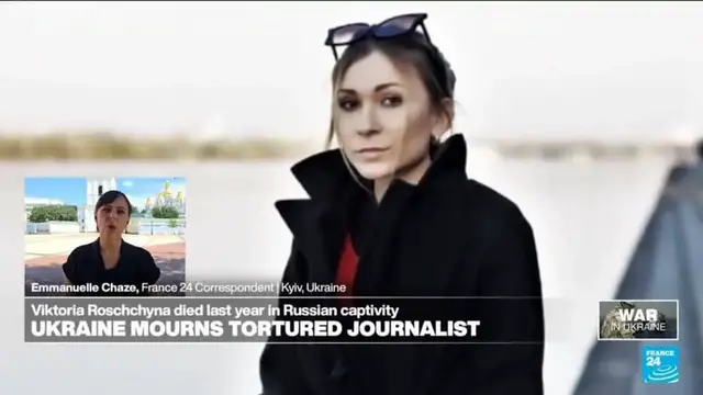 'Video thumbnail for Ukraine mourns tortured journalist Viktoria Roschchyna'