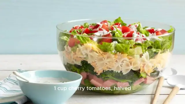 Video thumbnail for Layered Pasta Salad Recipe