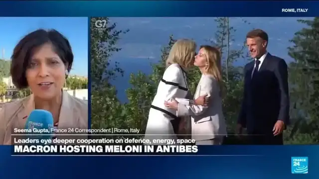 Video thumbnail for France's Macron hosts Italy's Meloni after Trump rift