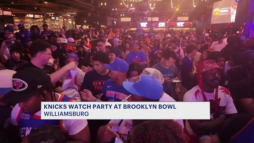 Video thumbnail for Hundreds of Knicks fans pack Brooklyn Bowl for Game 3 watch party in Williamsburg