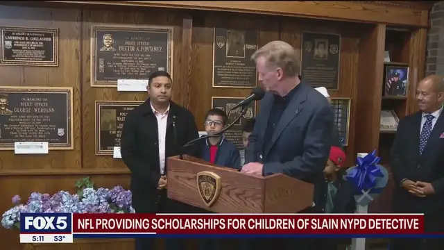 'Video thumbnail for NFL awards scholarships to children of fallen NYPD detective'