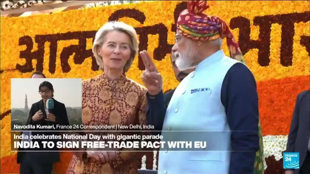 Video thumbnail for EU leaders arrive in India to sign trade agreement