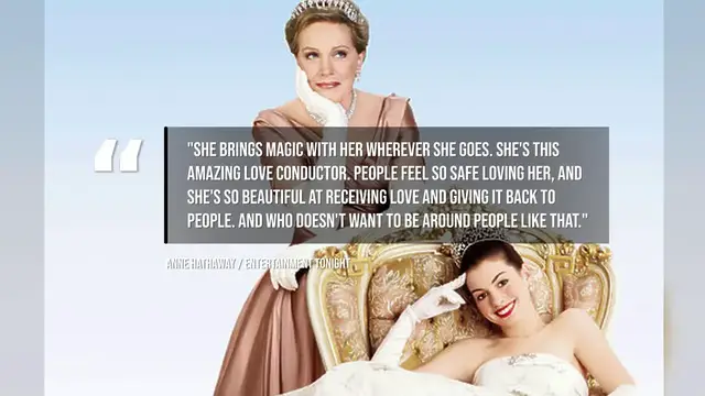 Video thumbnail for Anne Hathaway addresses Julie Andrews' absence from The Princess Diaries 3.