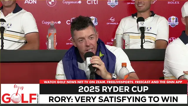 'Video thumbnail for Rory McIlroy: 'Very satisfying' to win Ryder Cup, beat hecklers'
