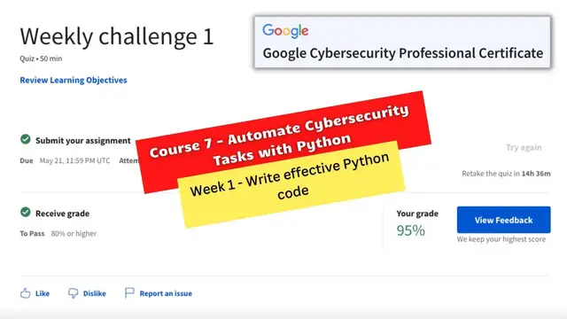Video thumbnail for automate cybersecurity tasks with python coursera weekly challenge 1 answers || Google Cybersecurity