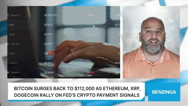 'Video thumbnail for Bitcoin Surges Back To $112,000 As Ethereum, XRP, Dogecoin Rally On Fed's Crypto Payment Signals'