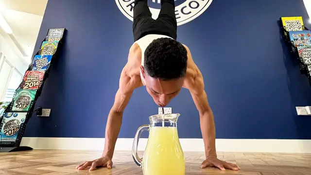 Video thumbnail for Fastest time to drink 500ml of lemon juice (handstand) - 24 seconds by Hari Chandra Giri