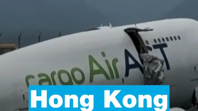 'Video thumbnail for ✈️ A cargo aircraft skids off a Hong Kong runway into the sea, killing 2 airport workers'