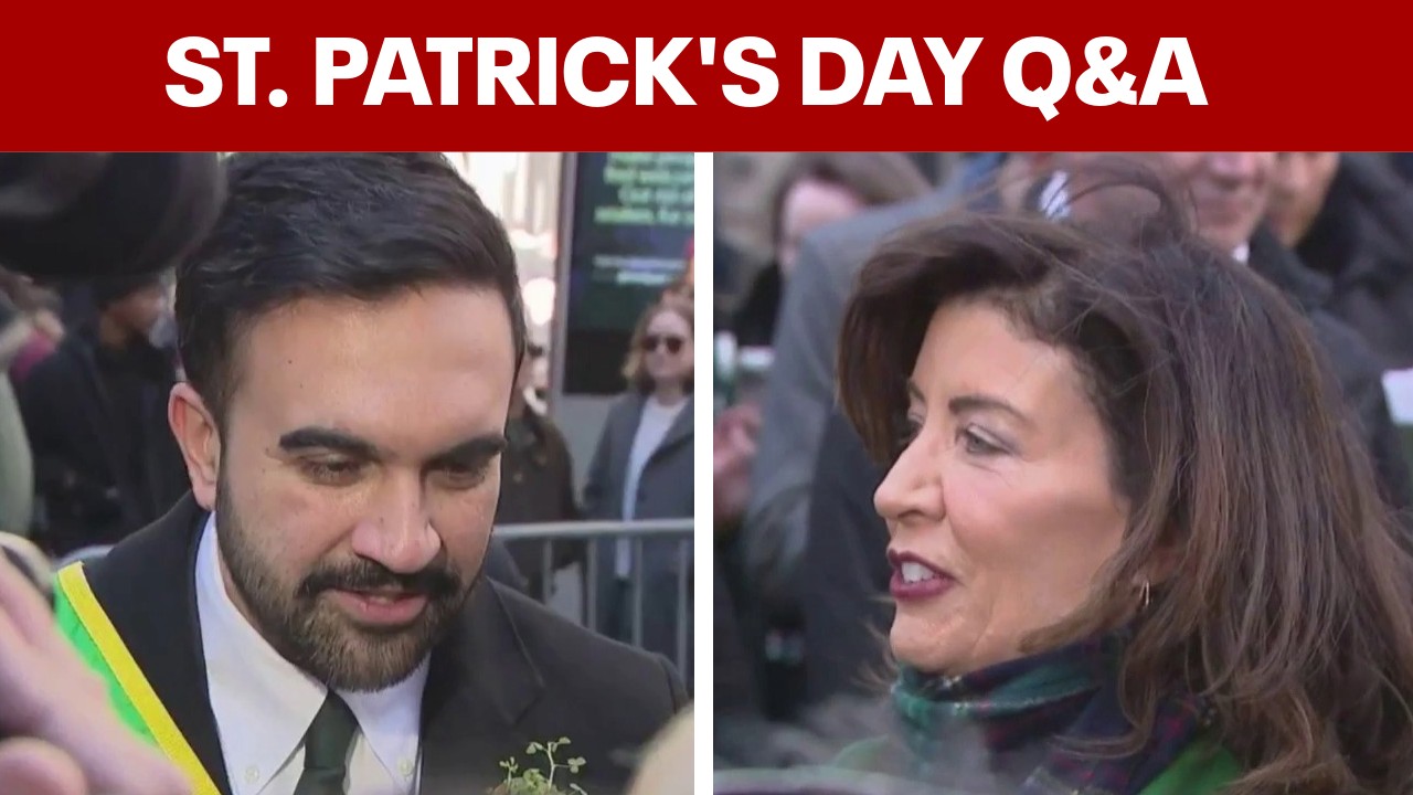 Video thumbnail for Mamdani and Hochul Q&A at St. Patrick's Day Parade