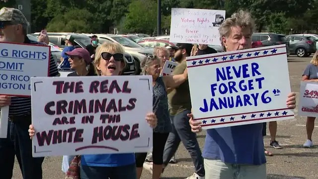 Video thumbnail for Protesters rally against President Trump's visit to Nassau County
