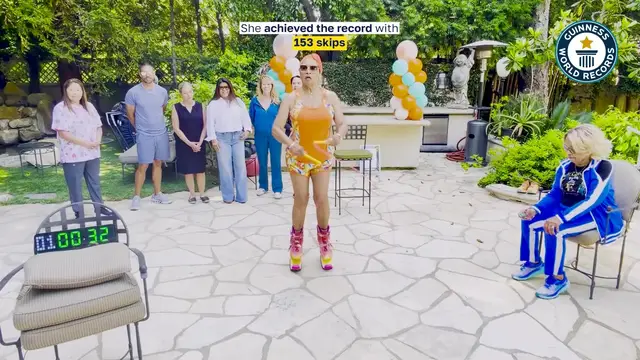 Video thumbnail for Most skips of a rope wearing rebound shoes in one minute (female) - 153 by Annie Judas