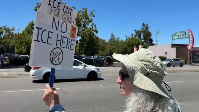Video thumbnail for US: Protestors gather along El Camino Real to protest US President Trump and ICE in California.