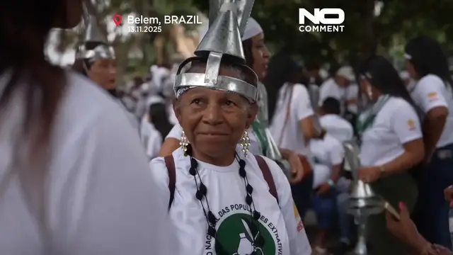'Video thumbnail for Rubber tappers march in Belem to call for an end to deforestation at COP30'