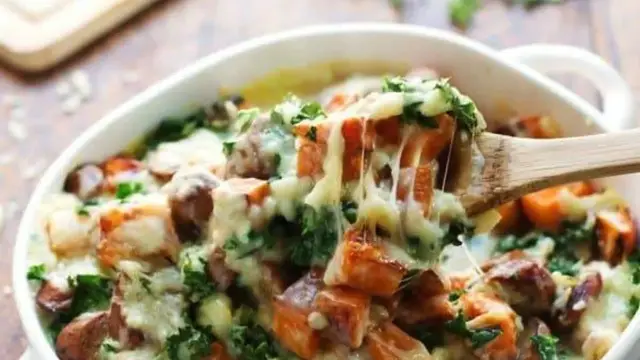 Video thumbnail for Sweet Potato, Kale, and Sausage Bake with White Cheese Sauce recipe
