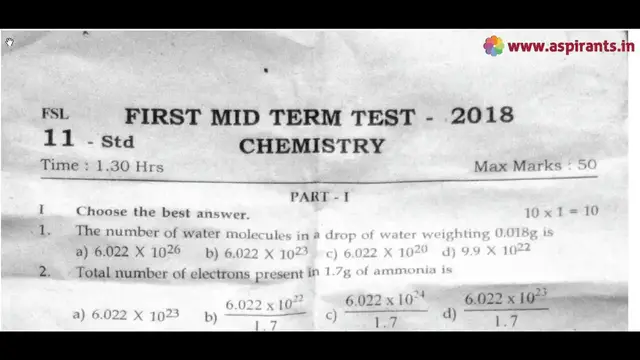 Video thumbnail for 11th Chemistry First Mid Term Question Paper 2018-19 | English Medium | Team Aspirants