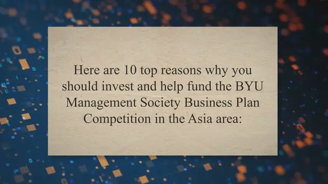 'Video thumbnail for 11 Reasons To Support The BYU MS Asia Area Business Plan Competition'