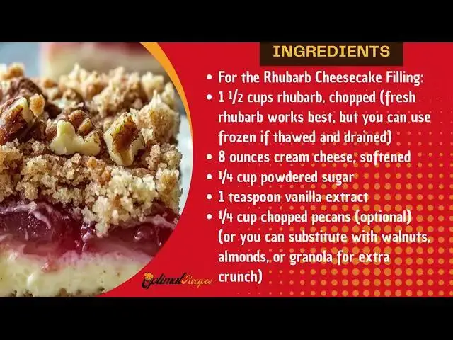 Video thumbnail for Creamy Rhubarb Cheesecake Crumble Bars – Easy Dessert Recipe