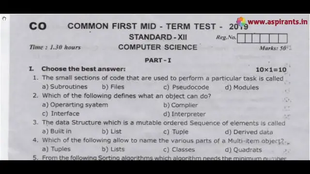 Video thumbnail for 12th Computer Science First Mid Term Question Paper 2019-20 | Coimbatore District | English Medium