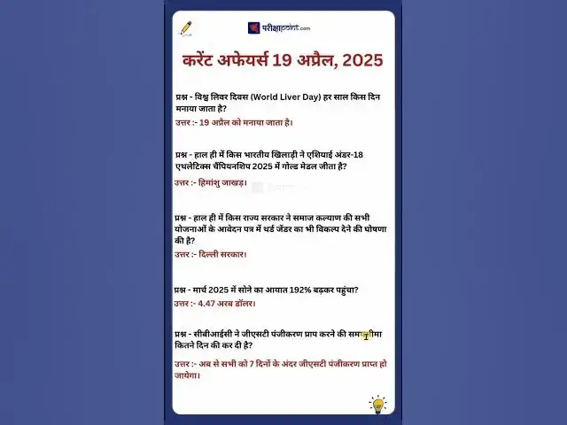 Video thumbnail for 19 April 2025 Current Affairs in Hindi #hindicurrenttaffairs #gkinhindi #dailycurrentaffairsinhindi